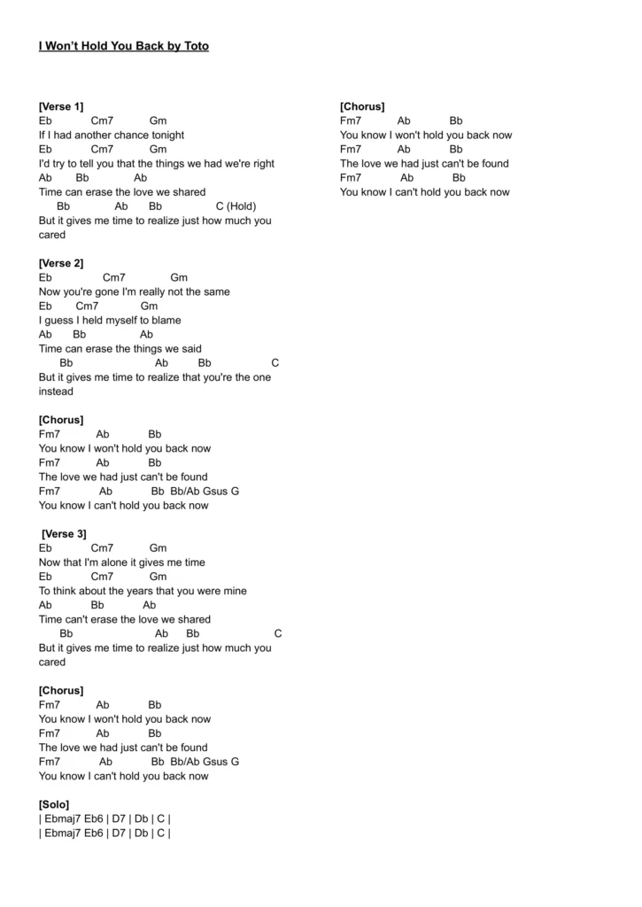 Lyrics Sheet of I Won't Hold You Back by Toto