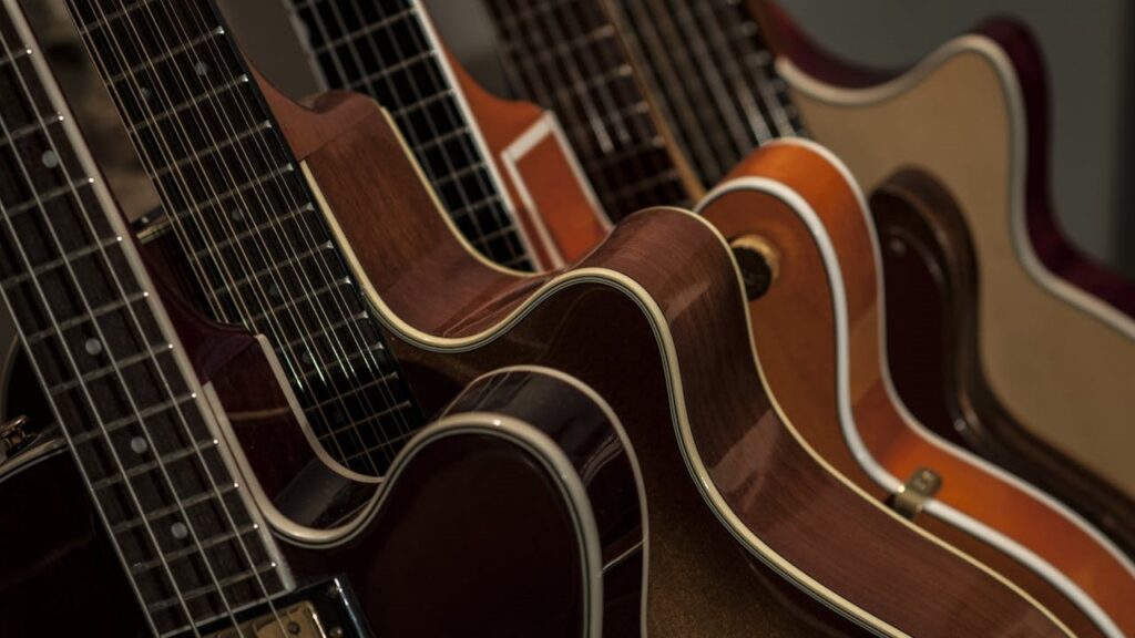 Photo of Guitars stored on a guitar rack