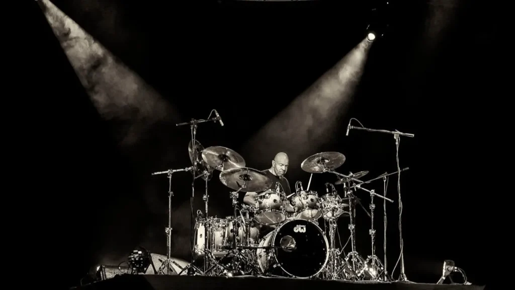 Black and white image of drummer playing 